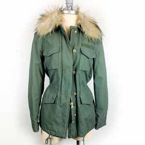 H&M Military Utility Jacket Olive Green NWT Faux Fur Collar Quilted Lining Warm